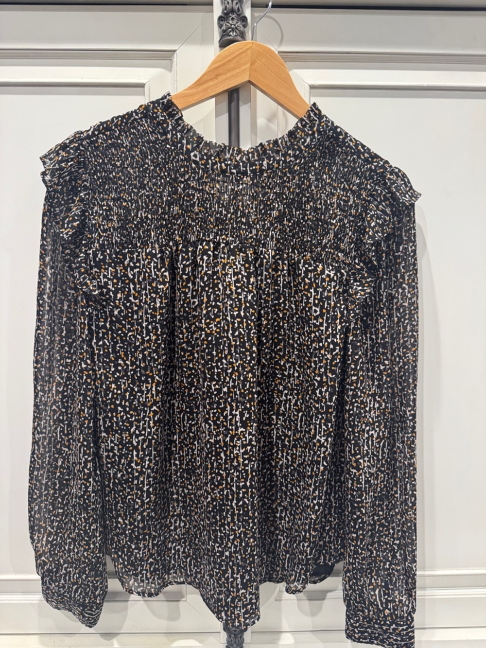 Smocked High-Neck Long-Sleeve Blouse in Black Multi